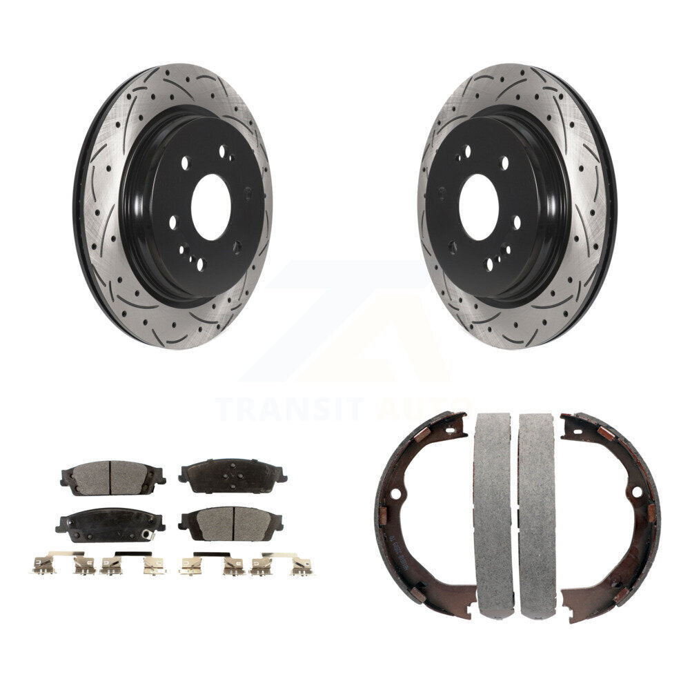 Rear Disc Drilled & Slotted Rotors Ceramic Pads Parking Shoes Kit For Chevrolet Silverado KDT-101604