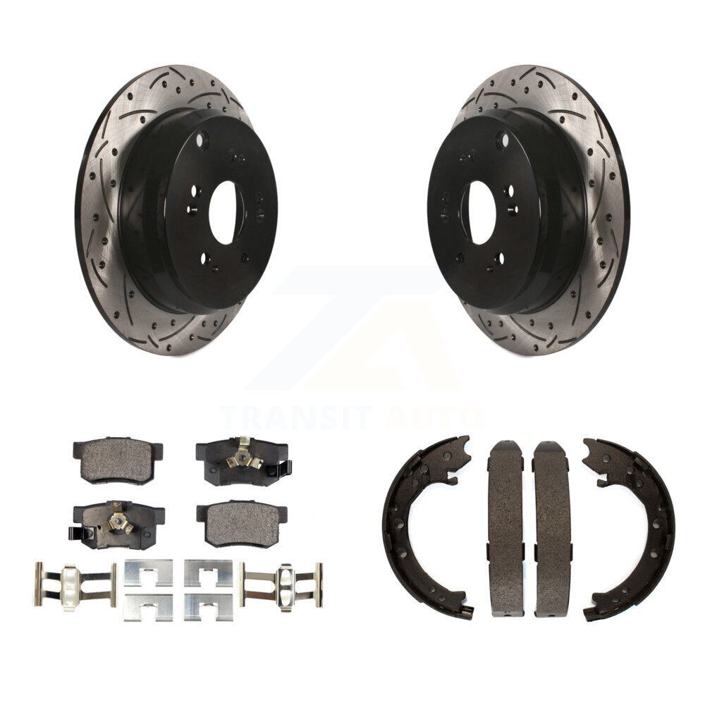 Rear Disc Drilled & Slotted Rotors Ceramic Pads Parking Shoes Kit For 05-06 Honda CR-V KDT-101605