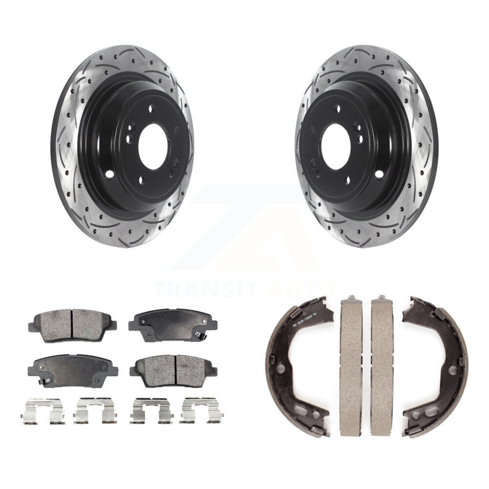 Rear Disc Drilled & Slotted Rotors Ceramic Pads And Parking Shoes Kit For Hyundai Genesis KDT-101609