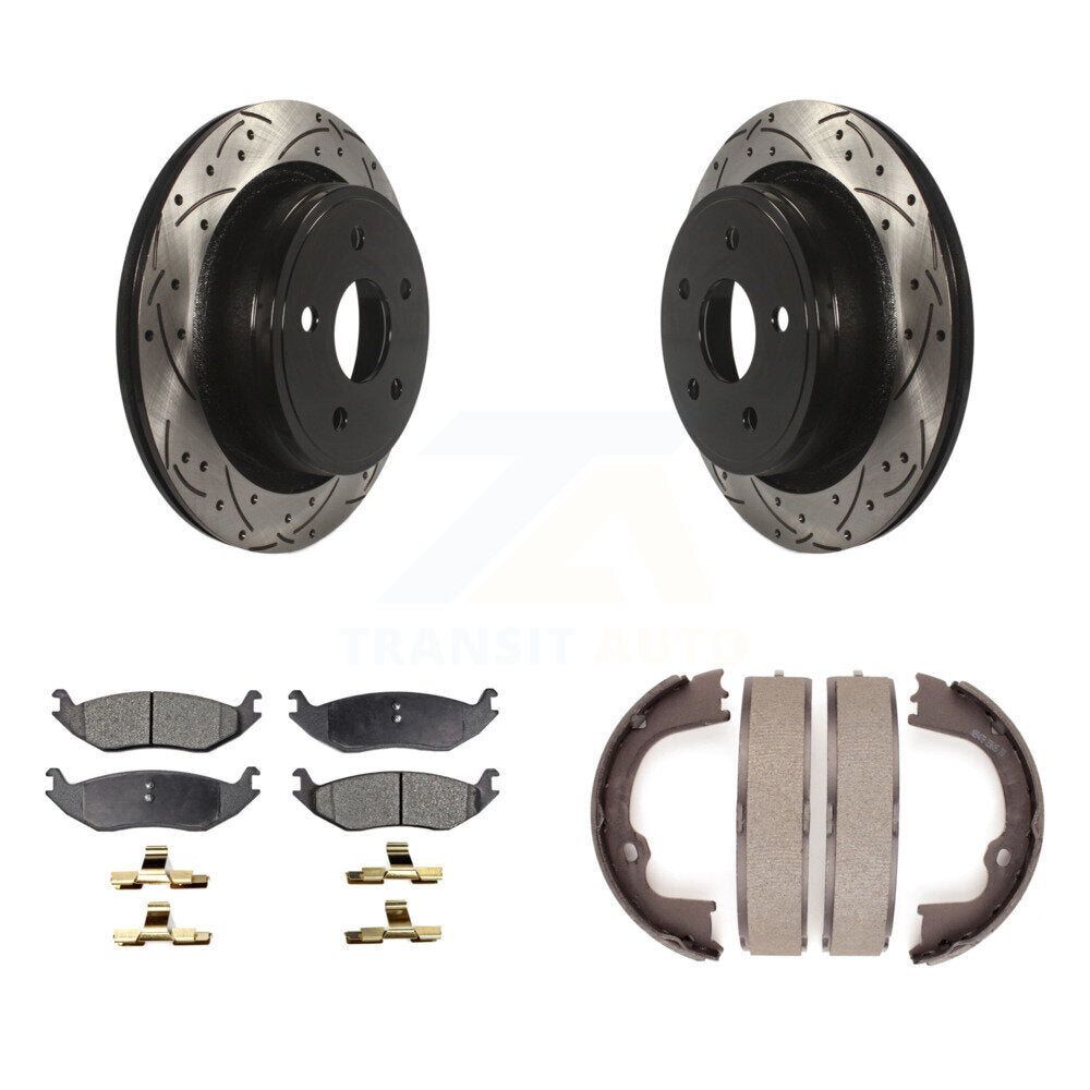 Rear Disc Drilled & Slotted Rotors Ceramic Pads Parking Shoes Kit For Ram 1500 Classic KDT-101610