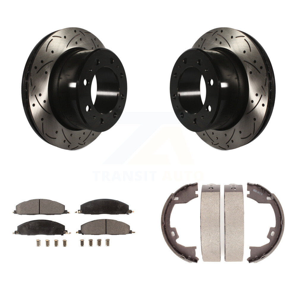 Rear Disc Drilled & Slotted Rotors Ceramic Pads Parking Shoes Kit For Ram 3500 2500 1500 KDT-101611