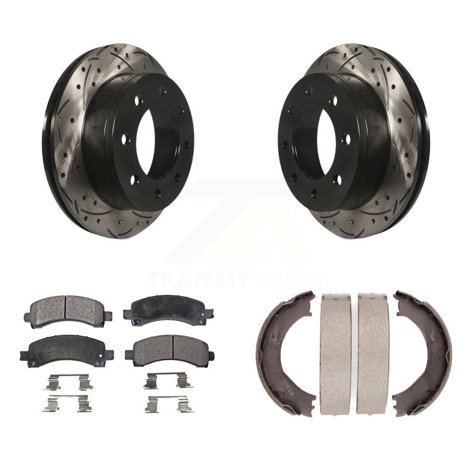 Rear Disc Drilled & Slotted Rotors Ceramic Pads Parking Shoes Kit For Chevrolet Express KDT-101614