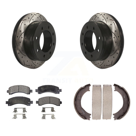 Rear Disc Drilled & Slotted Rotors Ceramic Pads Parking Shoes Kit For Chevrolet GMC 3500 KDT-101615