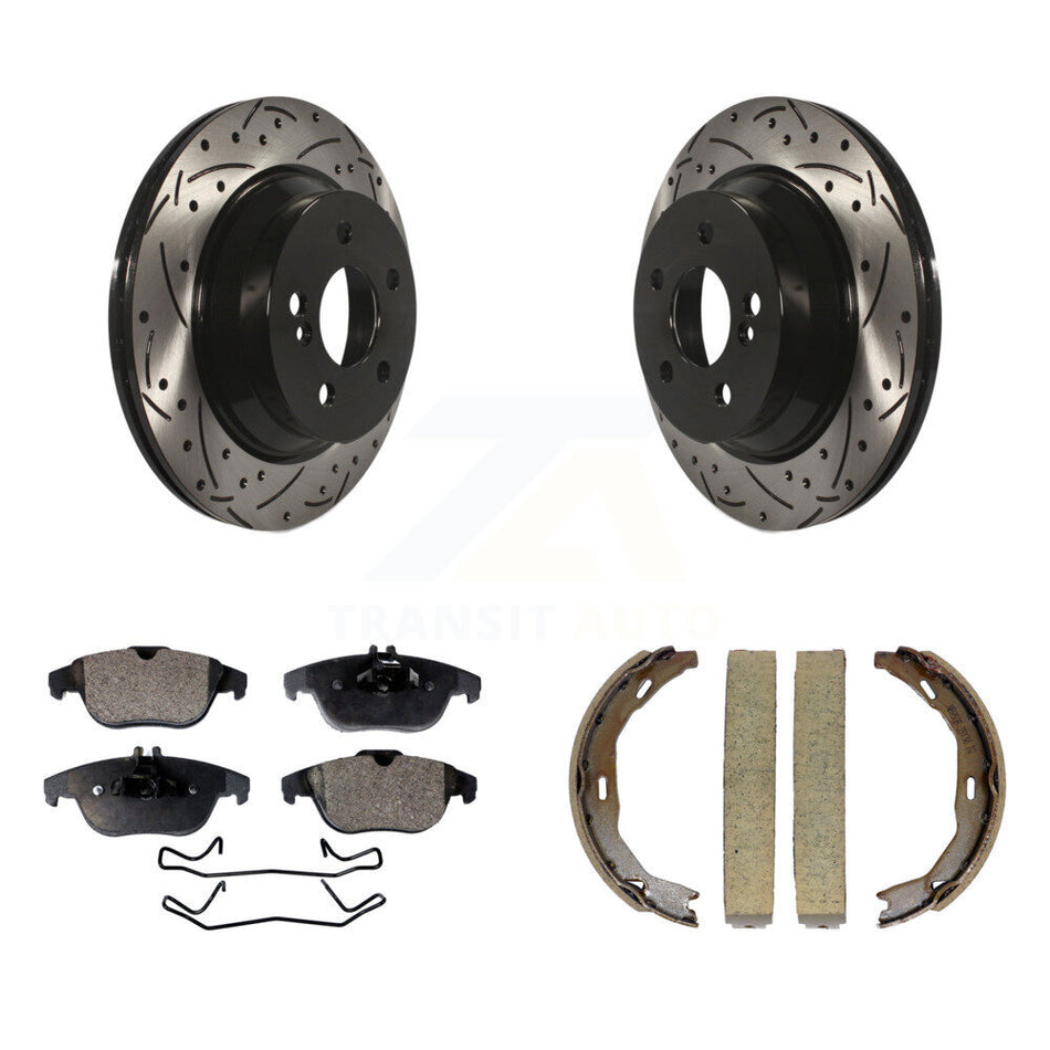 Rear Disc Drilled & Slotted Rotors Ceramic Pads Parking Shoes Kit For Mercedes-Benz E350 KDT-101622