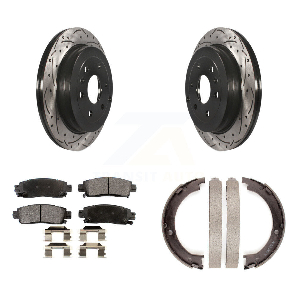 Rear Disc Drilled & Slotted Rotors Ceramic Pads Parking Shoes Kit For GMC Acadia Buick KDT-101625