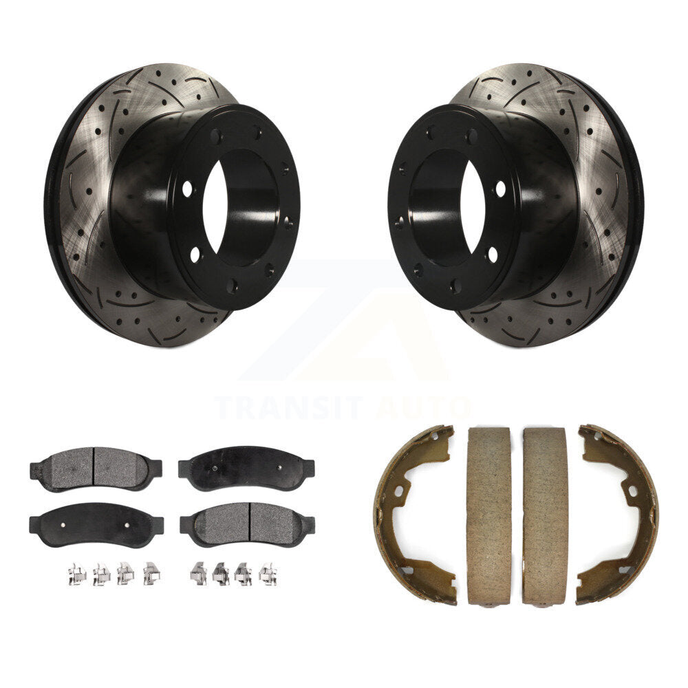 Rear Disc Drilled & Slotted Rotors Ceramic Pads Parking Shoes Kit For Ford F-350 Super KDT-101628