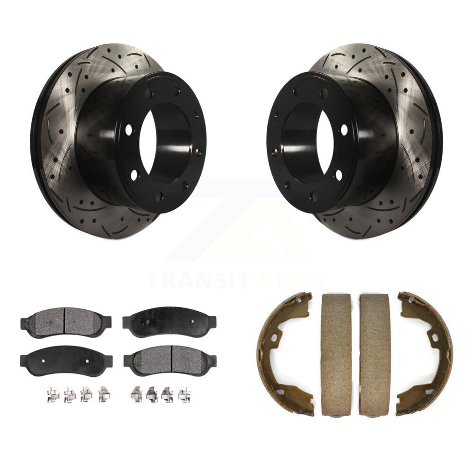 Rear Disc Drilled & Slotted Rotors Ceramic Pads Parking Shoes Kit For Ford F-350 Super KDT-101628
