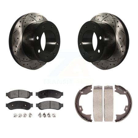Rear Disc Drilled & Slotted Rotors Ceramic Pads Parking Shoes Kit For Ford F-250 Super KDT-101629