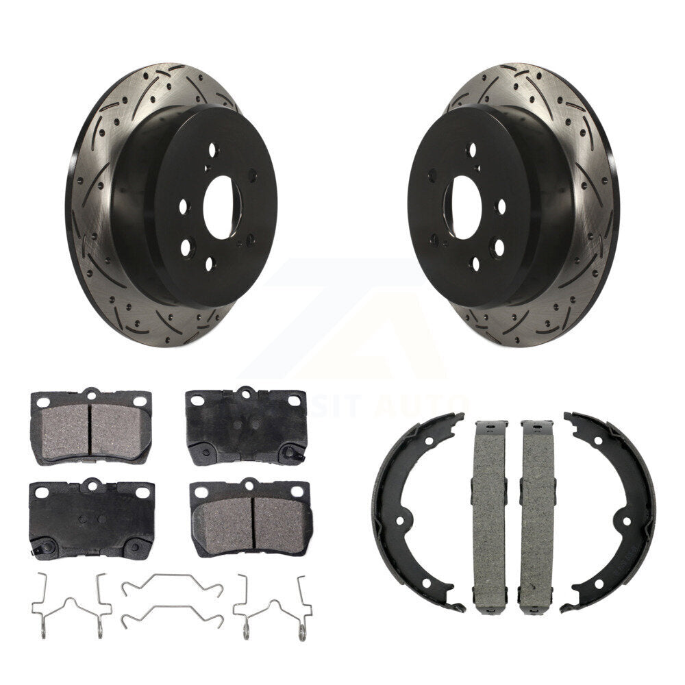 Rear Disc Drilled & Slotted Rotors Ceramic Pads Parking Brake Shoes Kit For Lexus IS250 KDT-101631