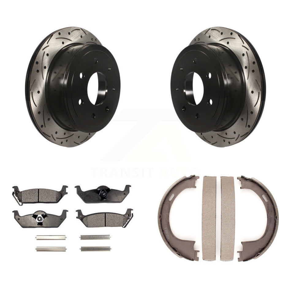 Rear Disc Drilled & Slotted Rotors Ceramic Pads Parking Shoes Kit For Ford F-150 Lincoln KDT-101634