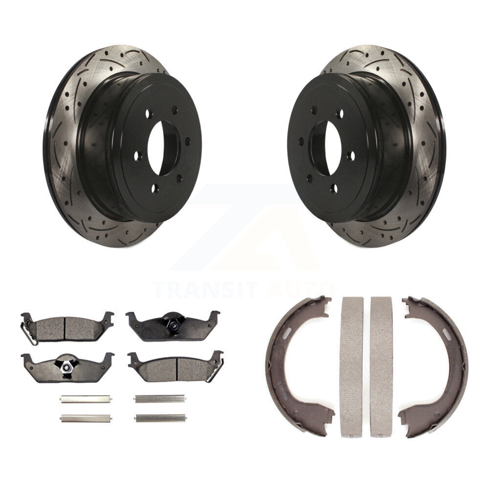 Rear Disc Drilled & Slotted Rotors Ceramic Pads Parking Brake Shoes Kit For Ford F-150 KDT-101635