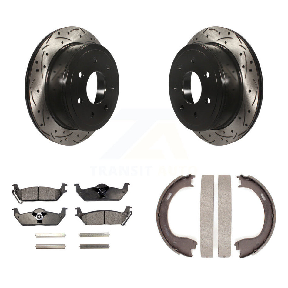 Rear Disc Drilled & Slotted Rotors Ceramic Pads Parking Brake Shoes Kit For Ford F-150 KDT-101636