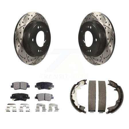 Rear Disc Drilled & Slotted Rotors Ceramic Pads Parking Shoes Kit For 2014 Kia Forte Koup KDT-101637