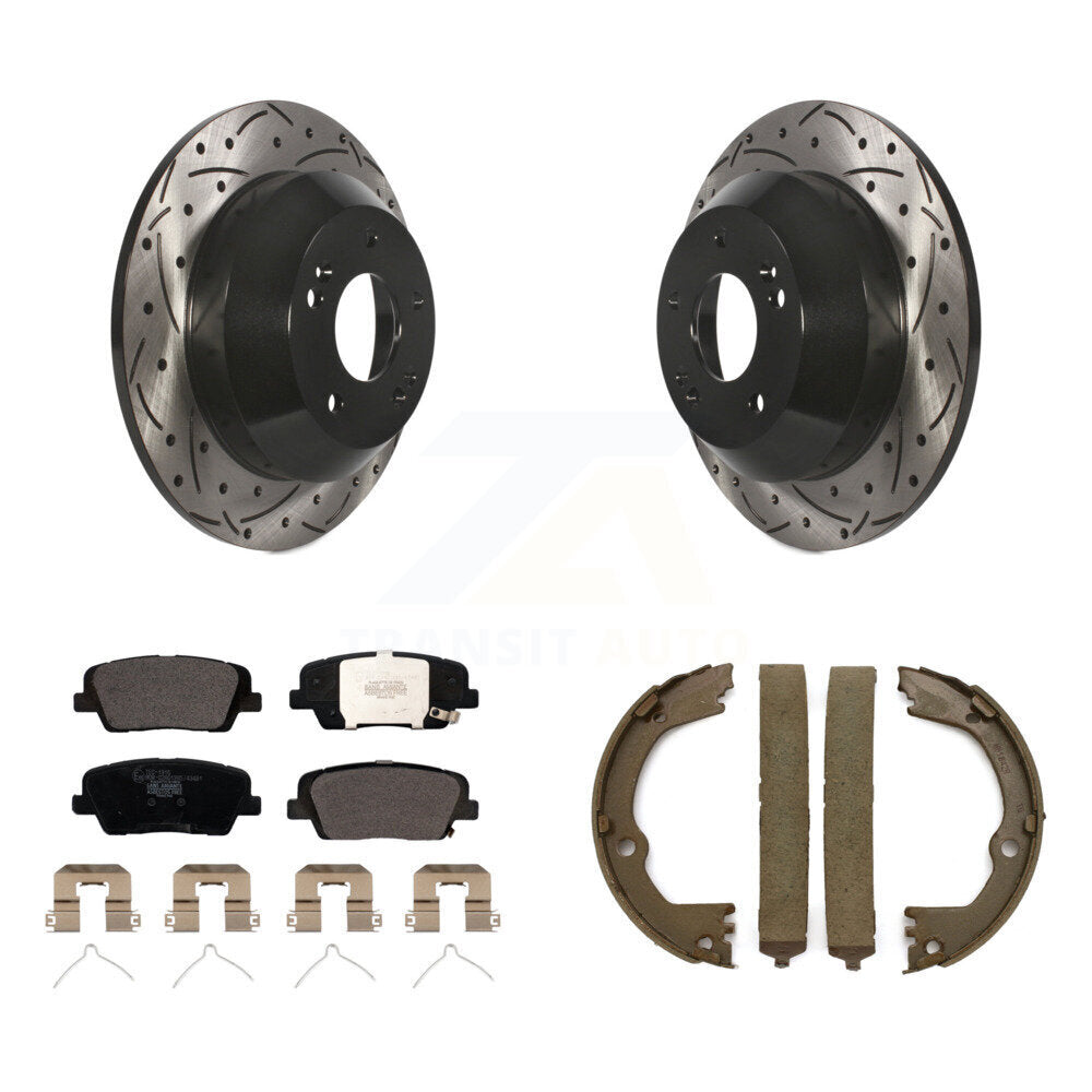 Rear Disc Drilled & Slotted Rotors Ceramic Pads Parking Shoes Kit For Hyundai Santa Fe XL KDT-101640