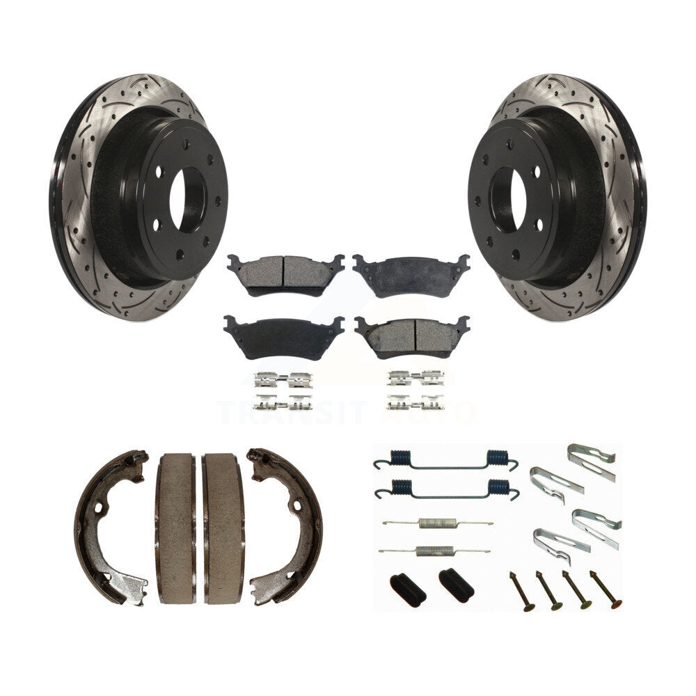 Rear Disc Drilled & Slotted Rotors Ceramic Pads Parking Shoes Hardware Kit For Ford F-150 KDT-101642