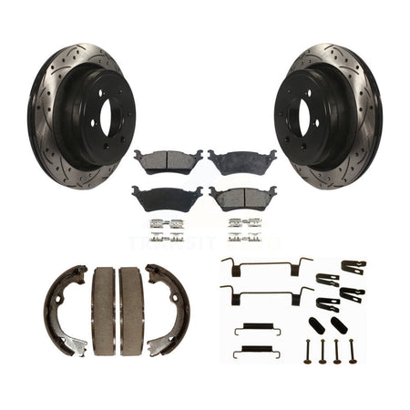 Rear Disc Drilled & Slotted Rotors Ceramic Pads Parking Shoes Hardware Kit For Ford F-150 KDT-101645
