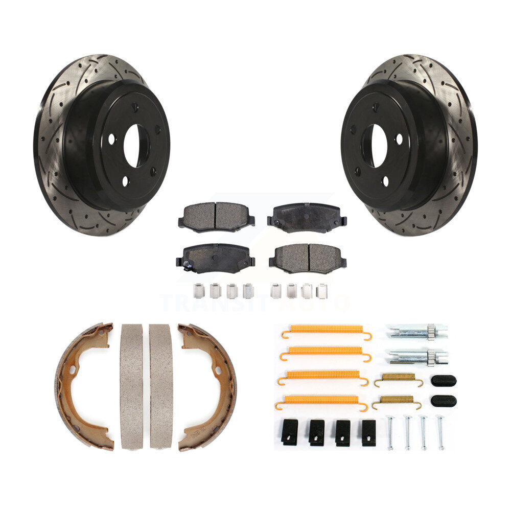 Rear Disc Drilled & Slotted Rotors Ceramic Pads Parking Shoes Hardware Kit For Jeep JK KDT-101649