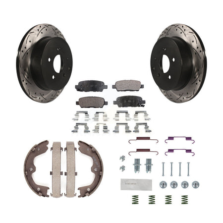 Rear Disc Drilled & Slotted Rotors Ceramic Pads Parking Shoes Hardware Kit For INFINITI KDT-101654