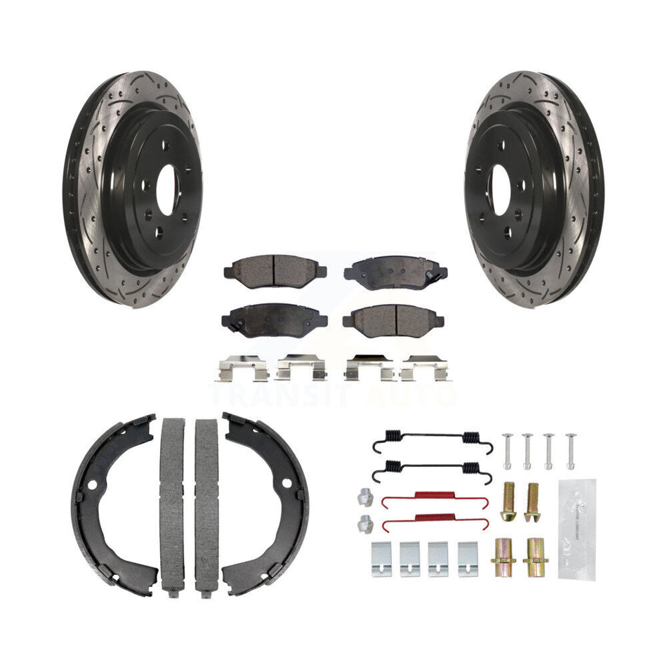 Rear Disc Drilled & Slotted Rotors Ceramic Pads Parking Shoes Hardware Kit For Chevrolet KDT-101656