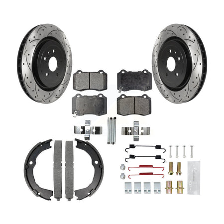 Rear Disc Drilled & Slotted Rotors Ceramic Pads Parking Shoes Hardware Kit For Chevrolet KDT-101657