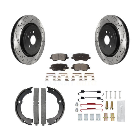 Rear Disc Drilled & Slotted Rotors Ceramic Pads Parking Brake Shoes And Hardware Kit For KDT-101659
