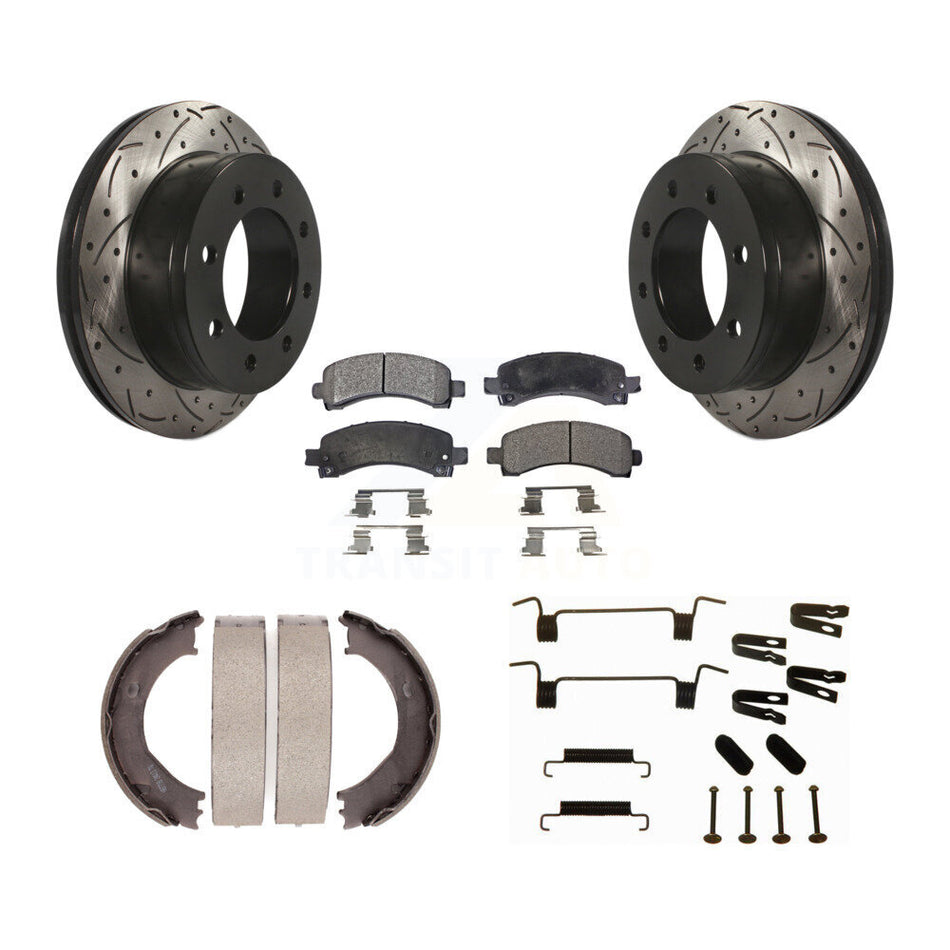 Rear Disc Drilled & Slotted Rotors Ceramic Pads Parking Shoes Hardware Kit For Chevrolet KDT-101667
