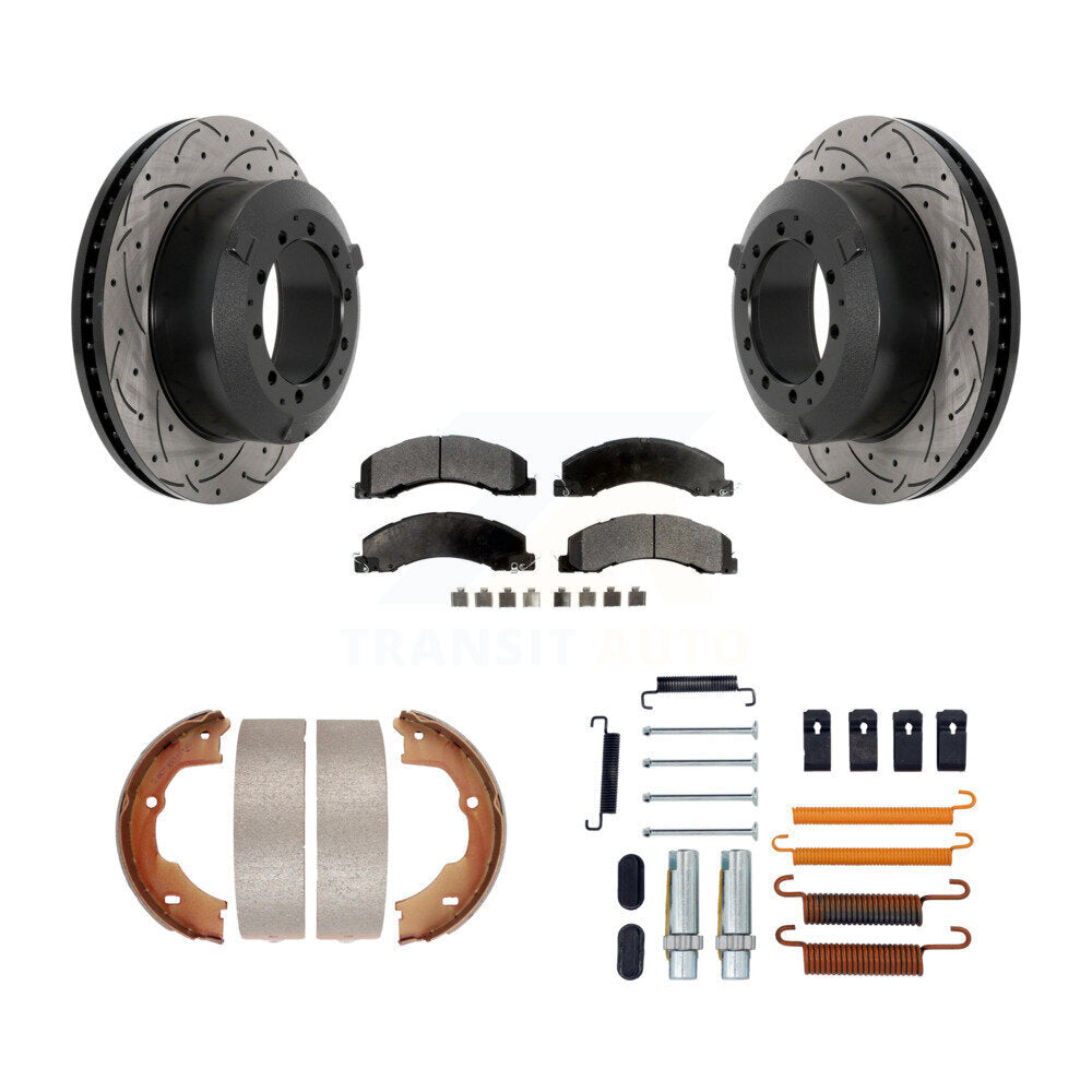 Rear Disc Drilled & Slotted Rotors Ceramic Pads Parking Shoes Hardware Kit For Ram Dodge KDT-101669