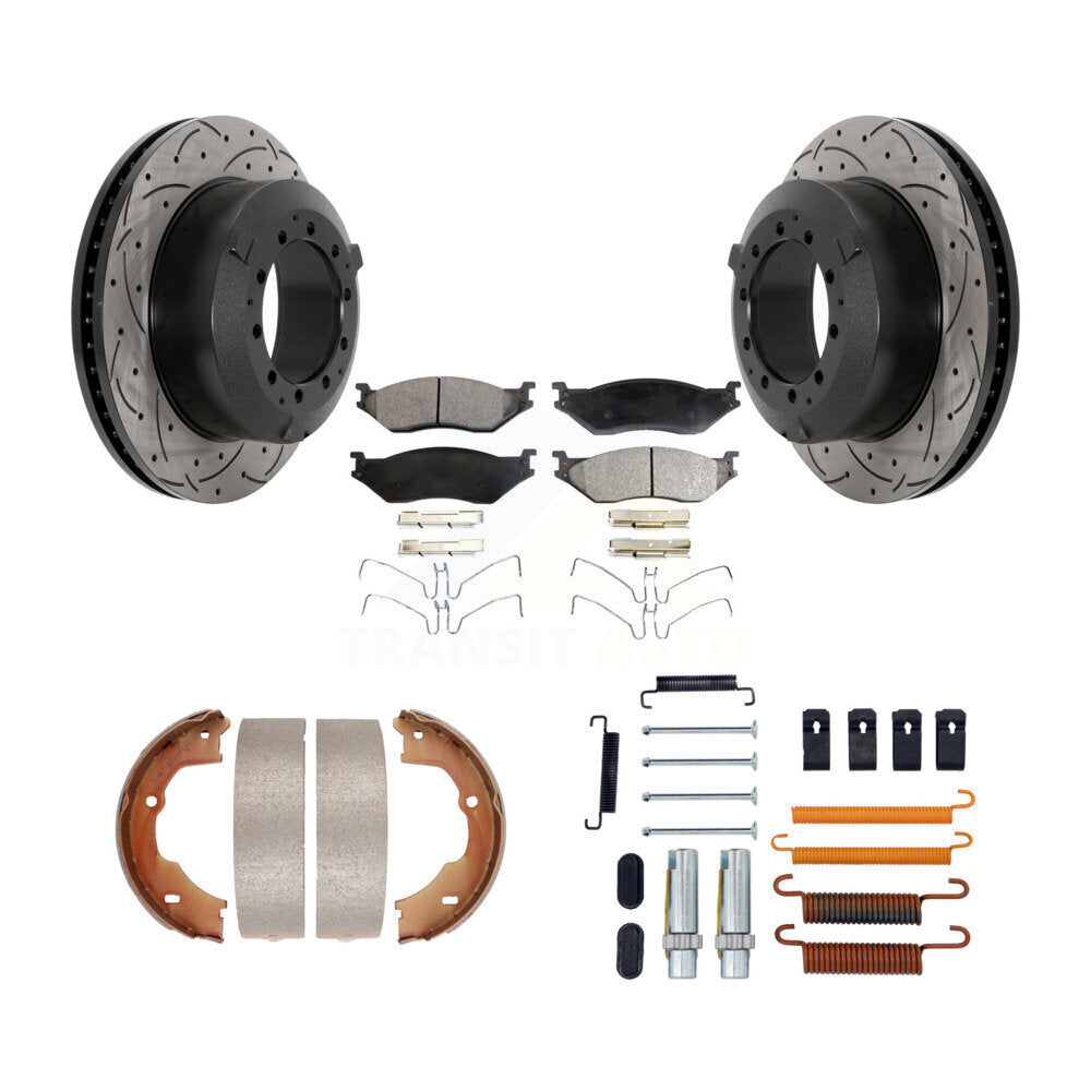 Rear Disc Drilled & Slotted Rotors Ceramic Pads Parking Shoes Hardware Kit For Ford F-450 KDT-101670