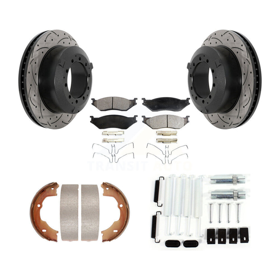 Rear Disc Drilled & Slotted Rotors Ceramic Pads Parking Brake Shoes And Hardware Kit For KDT-101671