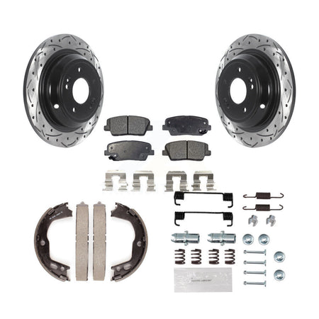 Rear Disc Drilled & Slotted Rotors Ceramic Pads Parking Brake Shoes And Hardware Kit For KDT-101675