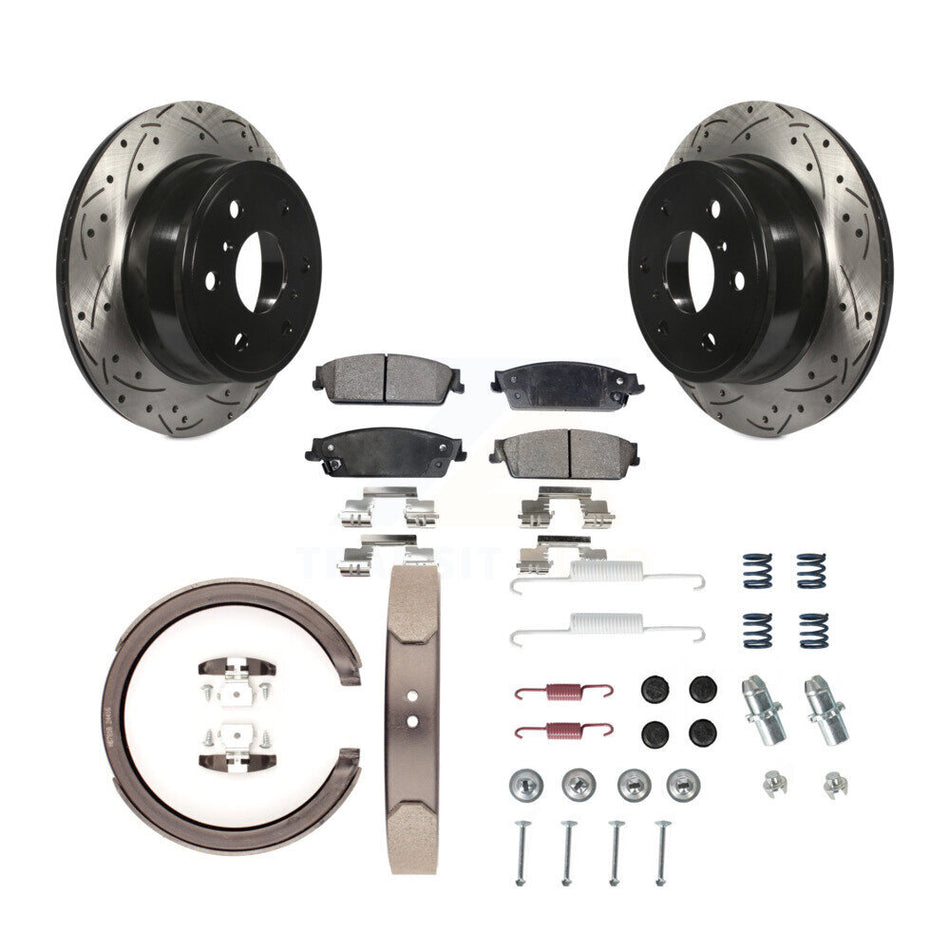 Rear Disc Drilled & Slotted Rotors Ceramic Pads Parking Shoes Hardware Kit For GMC Sierra KDT-101677