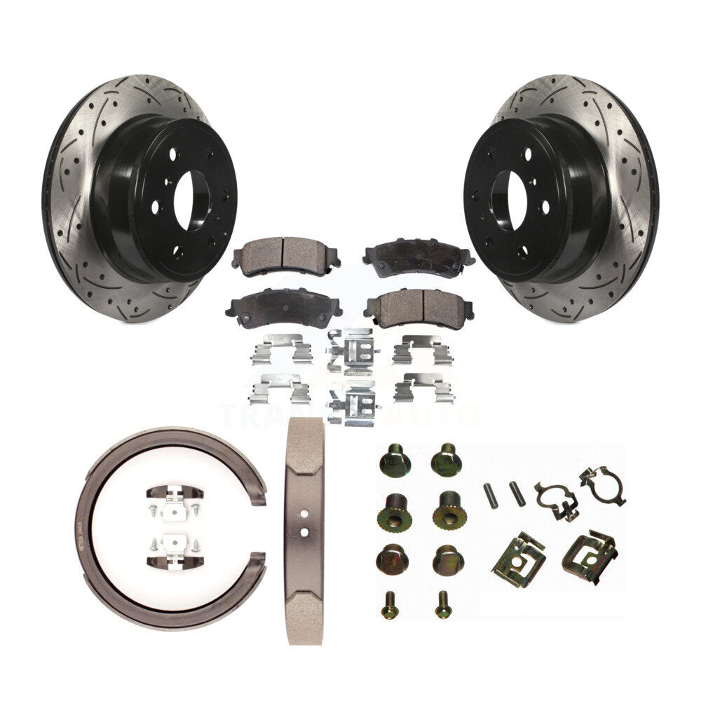 Rear Disc Drilled & Slotted Rotors Ceramic Pads Parking Brake Shoes And Hardware Kit For KDT-101679