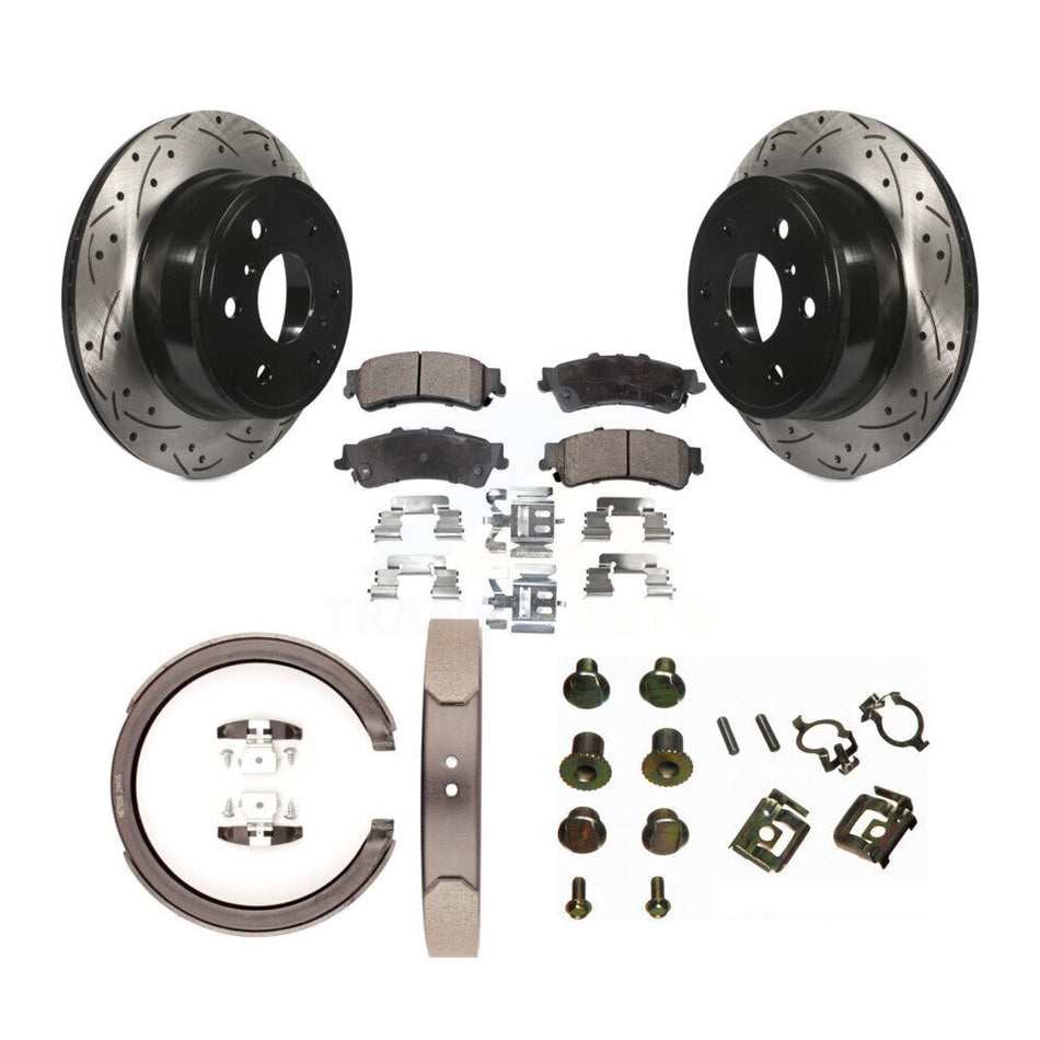 Rear Disc Drilled & Slotted Rotors Ceramic Pads Parking Brake Shoes And Hardware Kit For KDT-101679