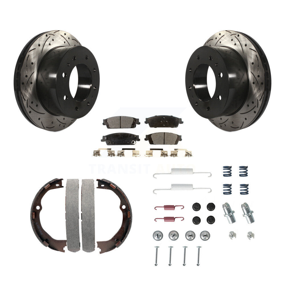 Rear Disc Drilled & Slotted Rotors Ceramic Pads Parking Brake Shoes And Hardware Kit For KDT-101680