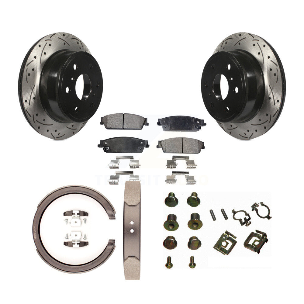Rear Disc Drilled & Slotted Rotors Ceramic Pads Parking Shoes Hardware Kit For Chevrolet KDT-101681