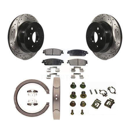 Rear Disc Drilled & Slotted Rotors Ceramic Pads Parking Shoes Hardware Kit For Chevrolet KDT-101681