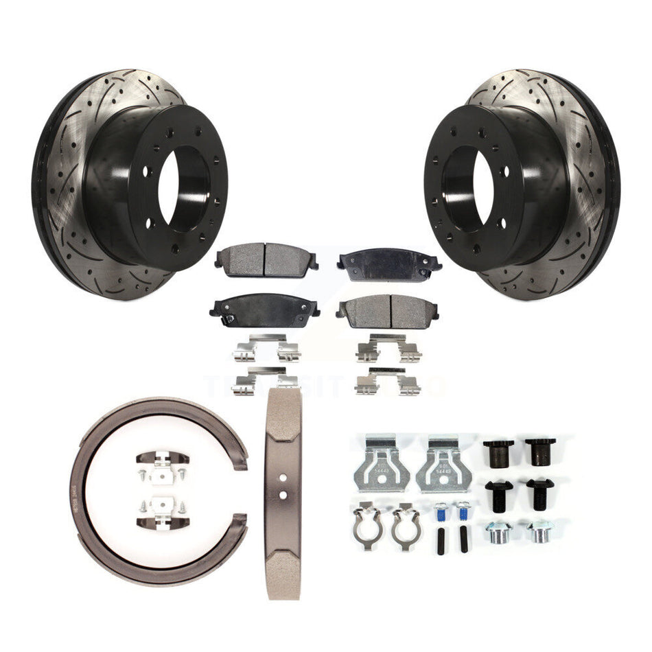 Rear Disc Drilled & Slotted Rotors Ceramic Pads Parking Brake Shoes And Hardware Kit For KDT-101682