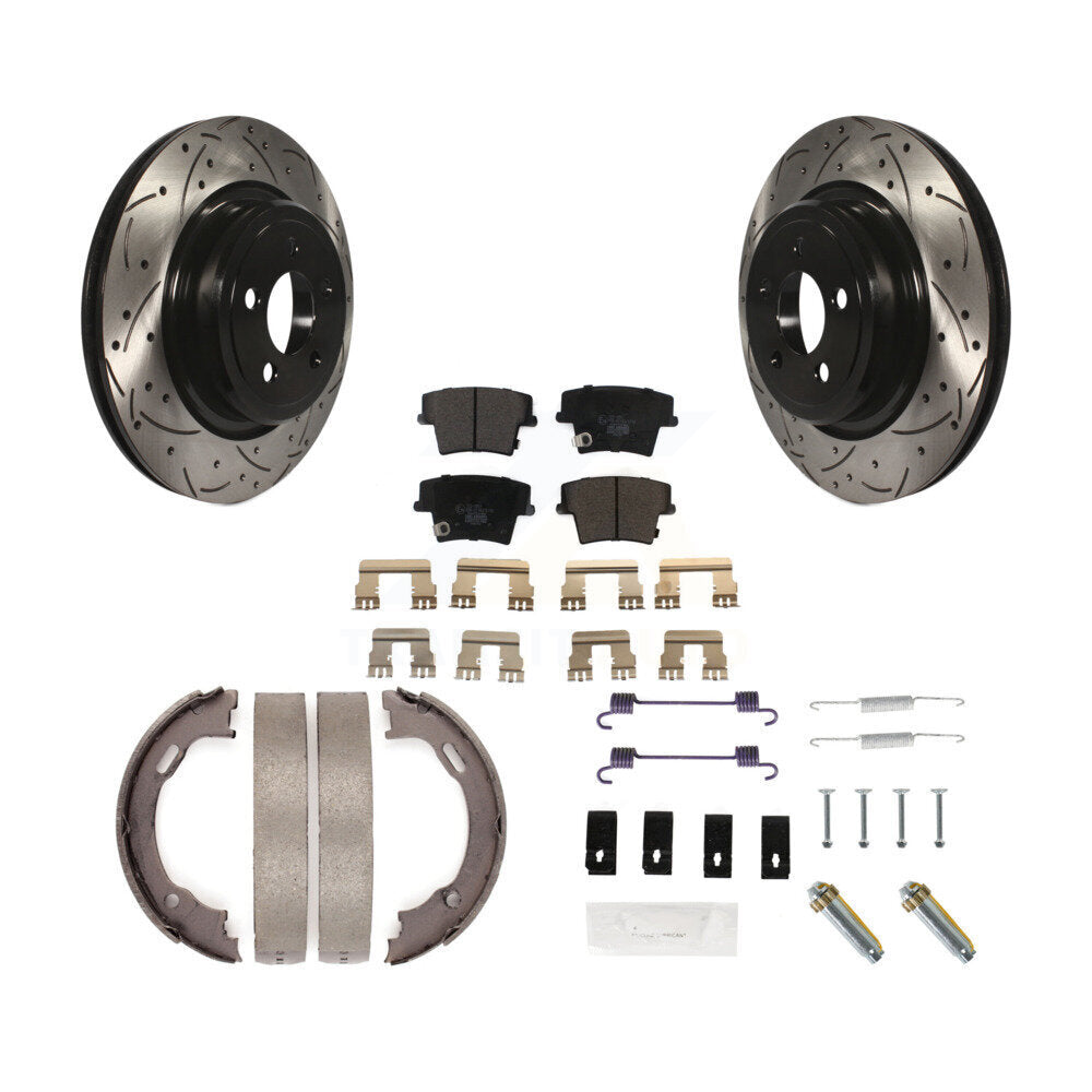 Rear Disc Drilled & Slotted Rotors Ceramic Pads Parking Shoes And Hardware Kit For Dodge KDT-101683