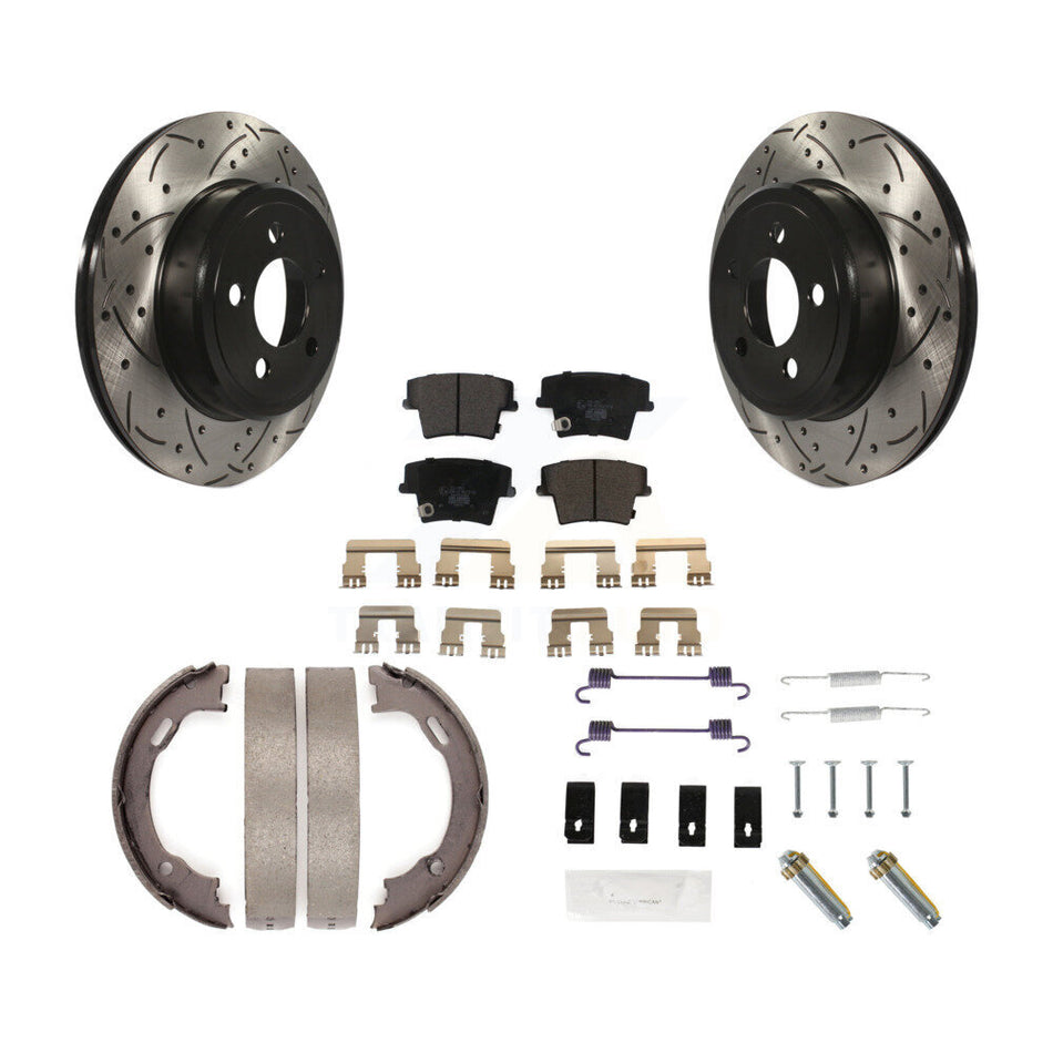Rear Disc Drilled & Slotted Rotors Ceramic Pads Parking Shoes Hardware Kit For Dodge 300 KDT-101684