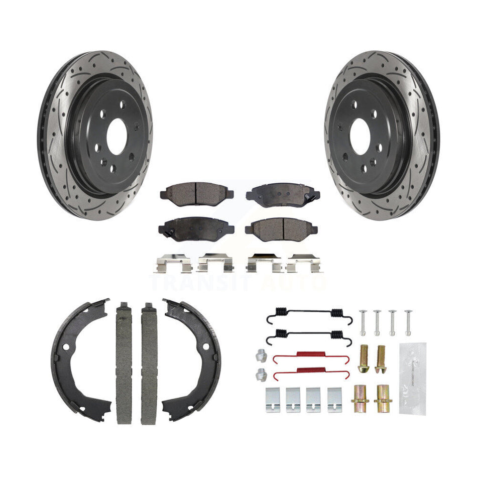Rear Disc Drilled & Slotted Rotors Ceramic Pads Parking Brake Shoes And Hardware Kit For KDT-101687