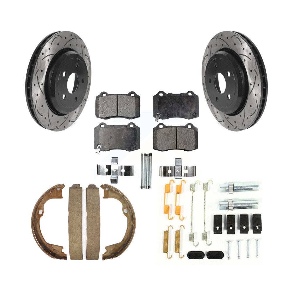 Rear Disc Drilled & Slotted Rotors Ceramic Pads Parking Shoes Hardware Kit For Jeep Grand KDT-101688