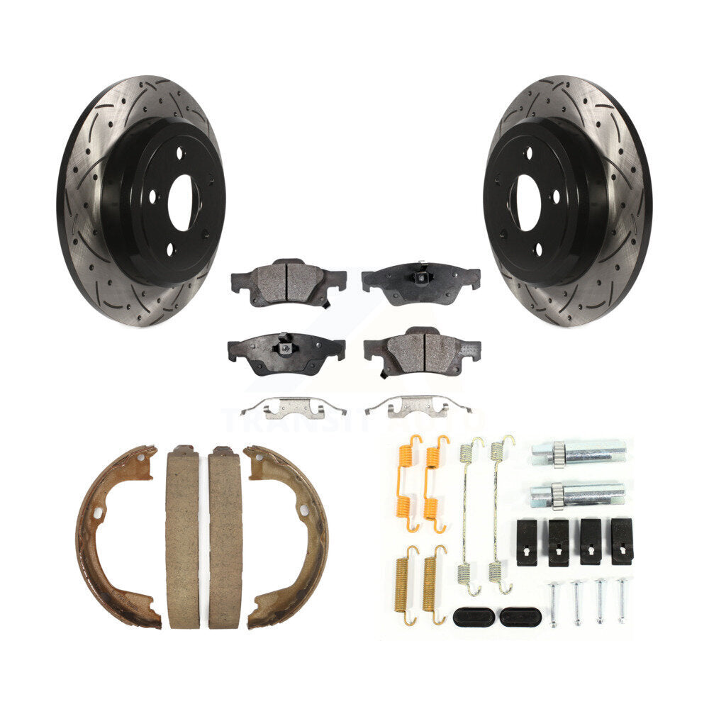 Rear Disc Drilled & Slotted Rotors Ceramic Pads Parking Shoes Hardware Kit For Dodge Jeep KDT-101690