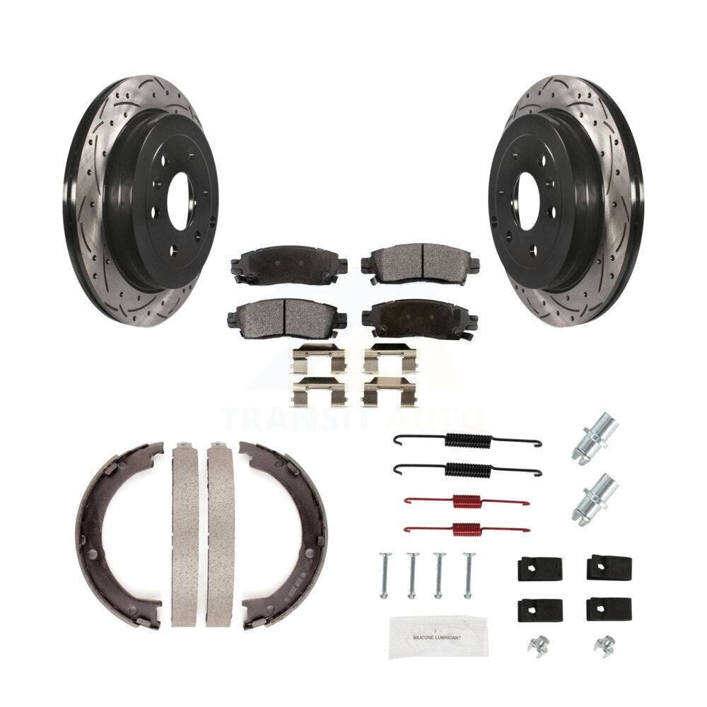 Rear Disc Drilled & Slotted Rotors Ceramic Pads Parking Shoes Hardware Kit For GMC Acadia KDT-101695