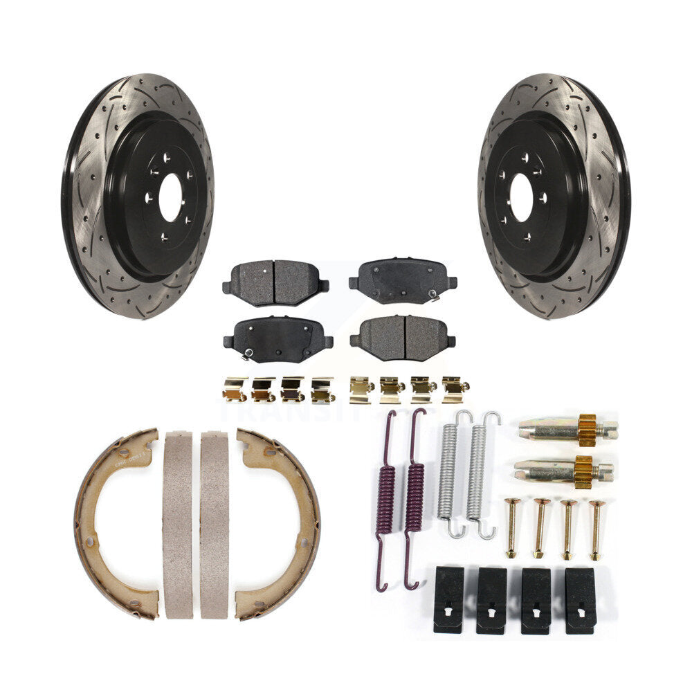 Rear Disc Drilled & Slotted Rotors Ceramic Pads Parking Brake Shoes And Hardware Kit For KDT-101697