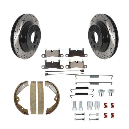 Rear Disc Drilled & Slotted Rotors Ceramic Pads Parking Shoes Hardware Kit For Volkswagen KDT-101701