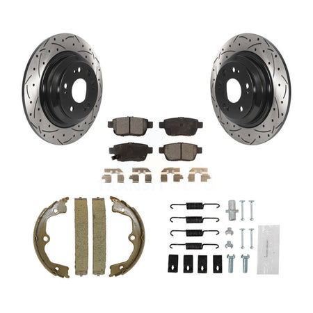 Rear Disc Drilled & Slotted Rotors Ceramic Pads Parking Shoes Hardware Kit For Acura TL KDT-101702