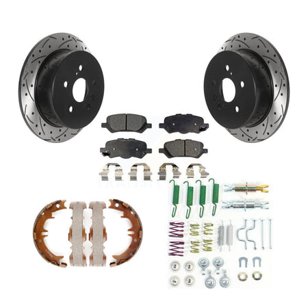 Rear Disc Drilled & Slotted Rotors Ceramic Pads Parking Brake Shoes And Hardware Kit For KDT-101703
