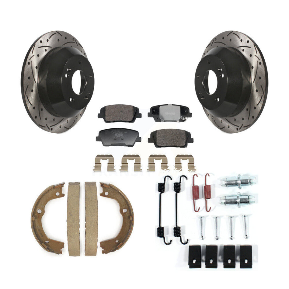Rear Disc Drilled & Slotted Rotors Ceramic Pads Parking Shoes Hardware Kit For Hyundai Fe KDT-101704