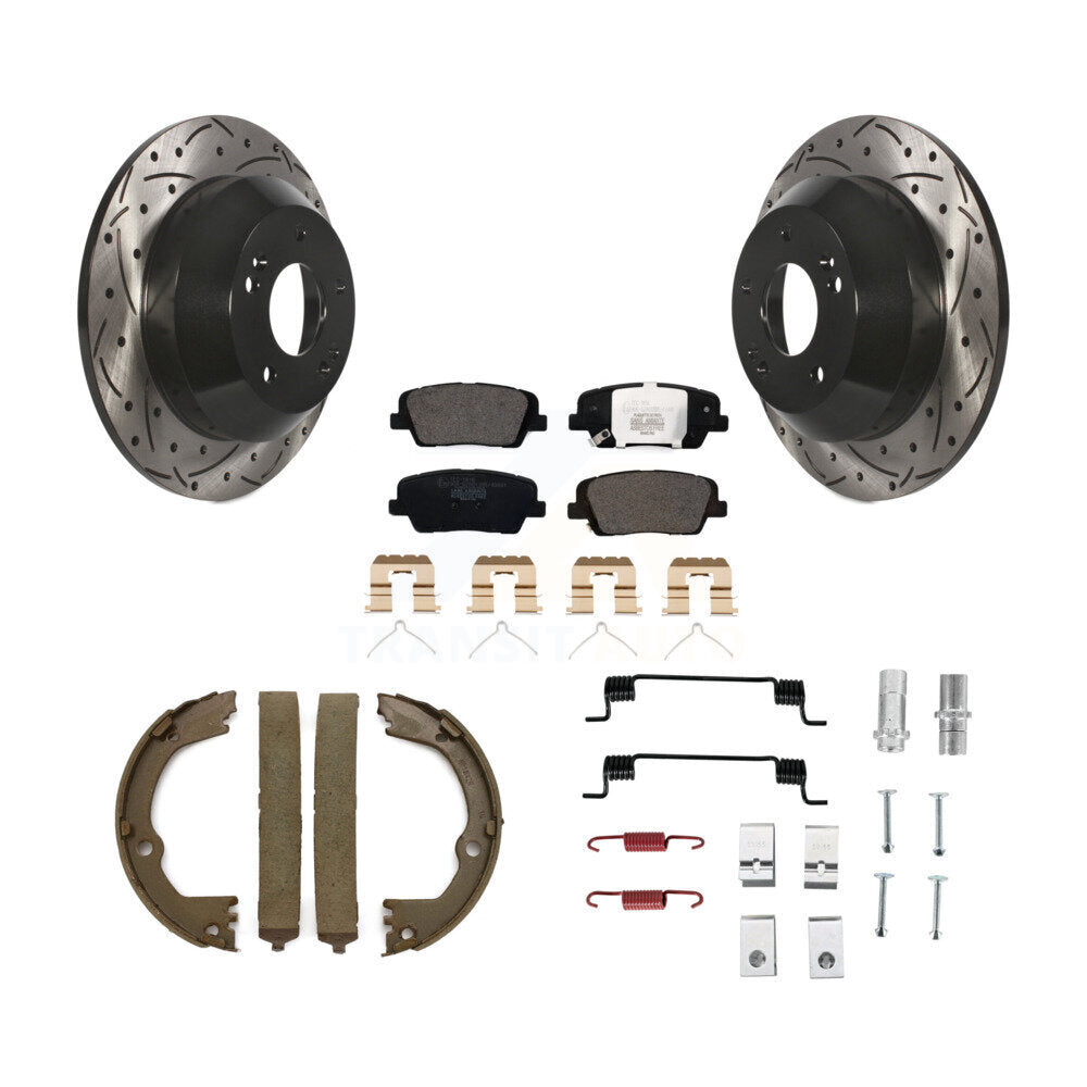 Rear Disc Drilled & Slotted Rotors Ceramic Pads Parking Brake Shoes And Hardware Kit For KDT-101706