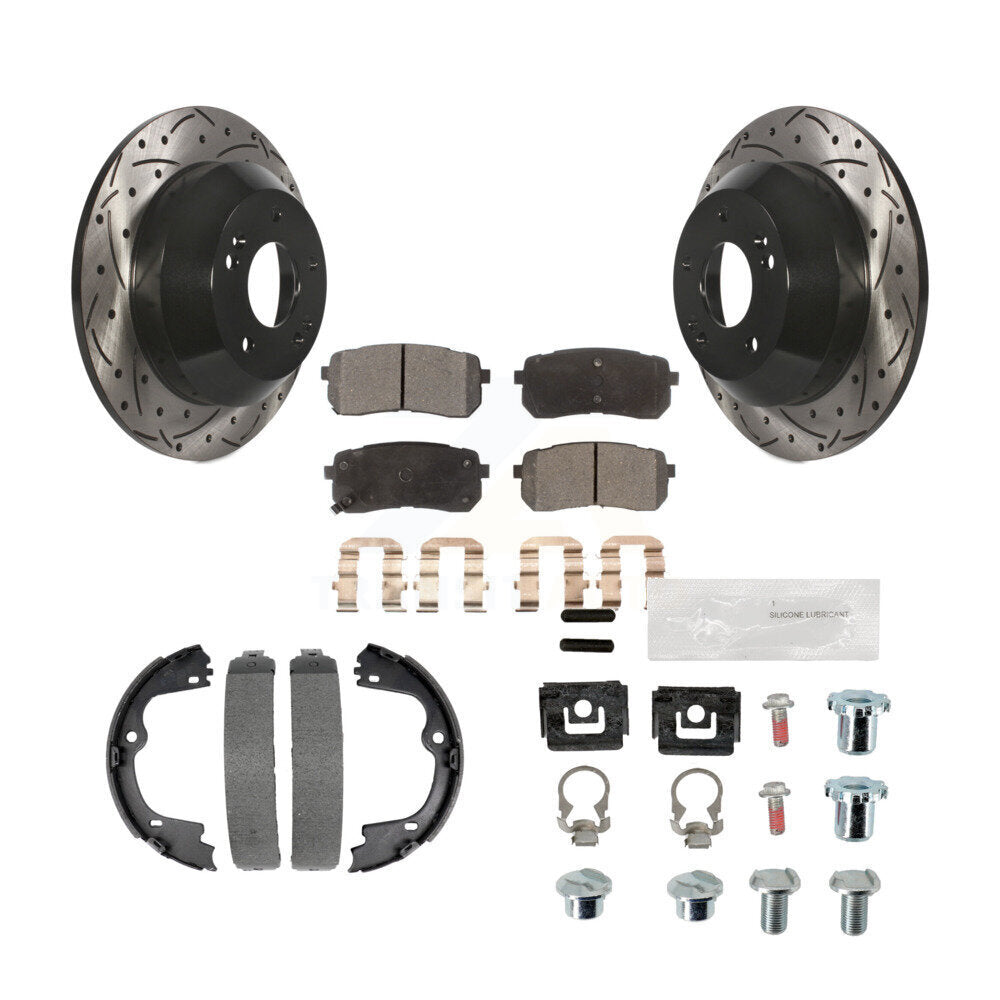 Rear Disc Drilled & Slotted Rotors Ceramic Pads Parking Shoes Hardware Kit For Kia Sedona KDT-101707
